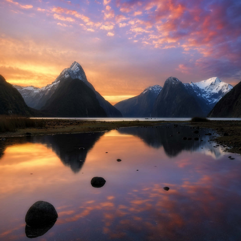 Darstellung des Puzzle Motivs Milford Sound bei Sonnenuntergang, Neuseeland Milford Sound at Sunset, New Zealand 1000 Puzzle 3D Modell