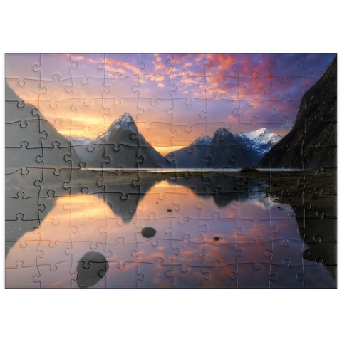 Darstellung des Puzzle Motivs Milford Sound bei Sonnenuntergang, Neuseeland puzzleplate Milford Sound at Sunset, New Zealand 100 Puzzle