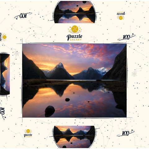 Darstellung des Puzzle Motivs Milford Sound bei Sonnenuntergang, Neuseeland Milford Sound at Sunset, New Zealand 100 Puzzle Schachtel 3D Modell