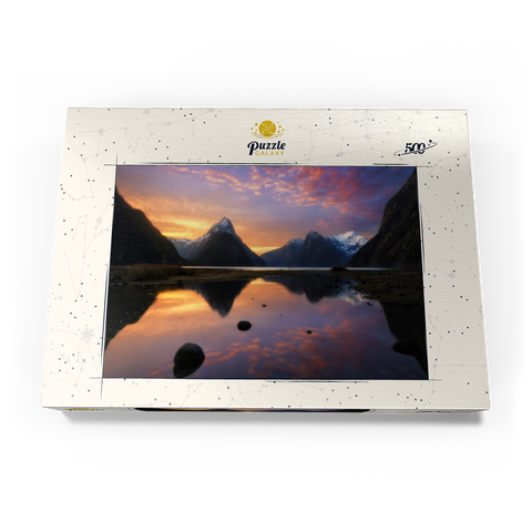 Darstellung des Puzzle Motivs Milford Sound bei Sonnenuntergang, Neuseeland Milford Sound at Sunset, New Zealand 500 Puzzle Schachtel Ansicht3