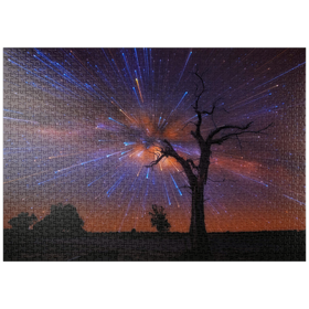 Darstellung des Puzzle-Motivs Strahlender Sternenhimmel über einem einsamen Baum bei Nacht – Puzzleteile: 1000