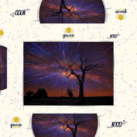 Darstellung des Puzzle Motivs Strahlender Sternenhimmel über einem einsamen Baum bei Nacht Radiant Starburst Sky over Lone Tree at Night 1000 Puzzle Schachtel 3D Modell