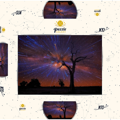 Darstellung des Puzzle Motivs Strahlender Sternenhimmel über einem einsamen Baum bei Nacht Radiant Starburst Sky over Lone Tree at Night 100 Puzzle Schachtel 3D Modell