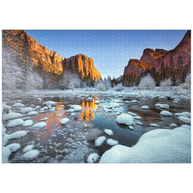 Darstellung des Puzzle-Motivs Yosemite-Sonnenaufgang im Winter mit schneebedecktem Fluss – Puzzleteile: 1000