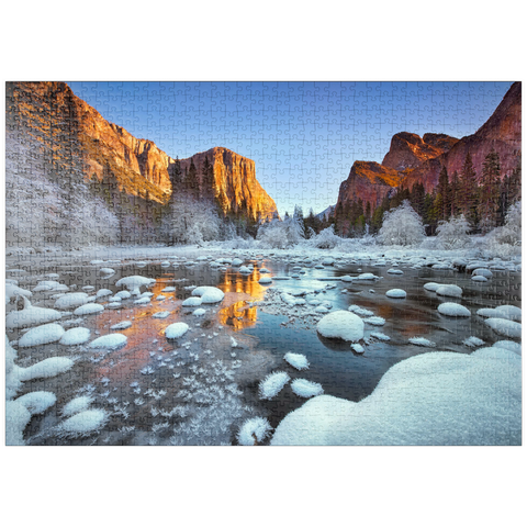 Darstellung des Puzzle Motivs Yosemite-Sonnenaufgang im Winter mit schneebedecktem Fluss puzzleplate Yosemite Winter Sunrise with Snow-Covered River 1000 Puzzle
