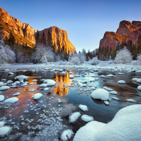 Darstellung des Puzzle Motivs Yosemite-Sonnenaufgang im Winter mit schneebedecktem Fluss Yosemite Winter Sunrise with Snow-Covered River 1000 Puzzle 3D Modell