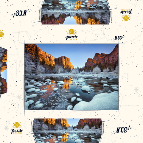 Darstellung des Puzzle Motivs Yosemite-Sonnenaufgang im Winter mit schneebedecktem Fluss Yosemite Winter Sunrise with Snow-Covered River 1000 Puzzle Schachtel 3D Modell