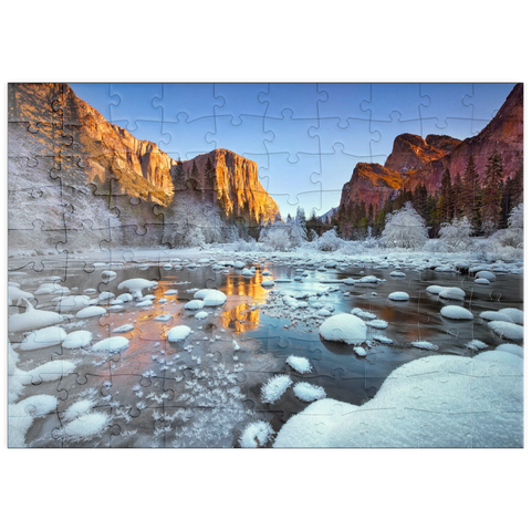 Darstellung des Puzzle Motivs Yosemite-Sonnenaufgang im Winter mit schneebedecktem Fluss puzzleplate Yosemite Winter Sunrise with Snow-Covered River 100 Puzzle