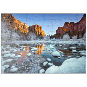 Darstellung des Puzzle Motivs Yosemite-Sonnenaufgang im Winter mit schneebedecktem Fluss - Puzzleteile: 100