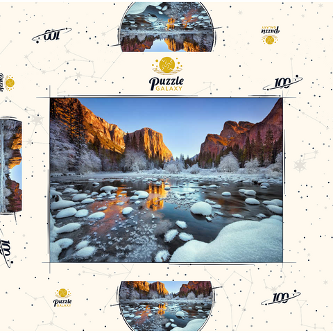 Darstellung des Puzzle Motivs Yosemite-Sonnenaufgang im Winter mit schneebedecktem Fluss Yosemite Winter Sunrise with Snow-Covered River 100 Puzzle Schachtel 3D Modell
