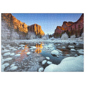 Darstellung des Puzzle Motivs Yosemite-Sonnenaufgang im Winter mit schneebedecktem Fluss - Puzzleteile: 500