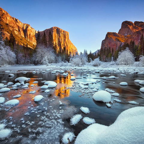 Darstellung des Puzzle Motivs Yosemite-Sonnenaufgang im Winter mit schneebedecktem Fluss Yosemite Winter Sunrise with Snow-Covered River 500 Puzzle 3D Modell