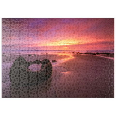 Darstellung des Puzzle Motivs Moeraki-Felsbrocken bei Sonnenaufgang – Die Magie der neuseeländischen Küste puzzleplate Moeraki Boulders at Sunrise – Coastal New Zealand Magic 500 Puzzle