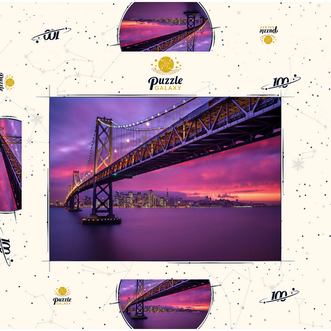 Darstellung des Puzzle Motivs San Francisco Bay Bridge bei Sonnenuntergang – Blick auf die Lichter der Stadt San Francisco Bay Bridge at Sunset – City Lights View 100 Puzzle Schachtel 3D Modell