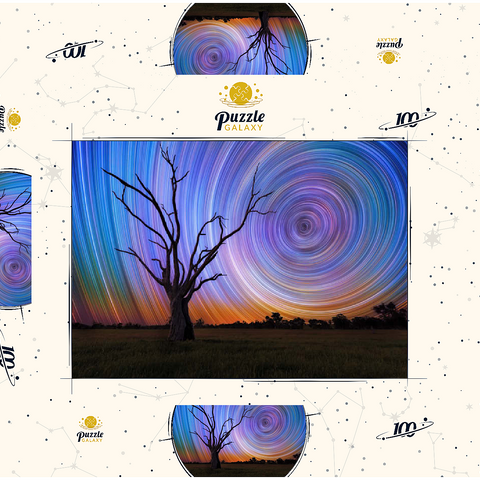 Darstellung des Puzzle Motivs Sternspuren über Lone Tree – Kosmischer Nachthimmel Star Trails Over Lone Tree – Cosmic Night Sky 100 Puzzle Schachtel 3D Modell