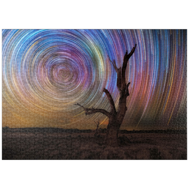 Darstellung des Puzzle Motivs puzzleplate Colorful Star Trails Above Barren Tree – Night Sky Spiral 1000 Puzzle