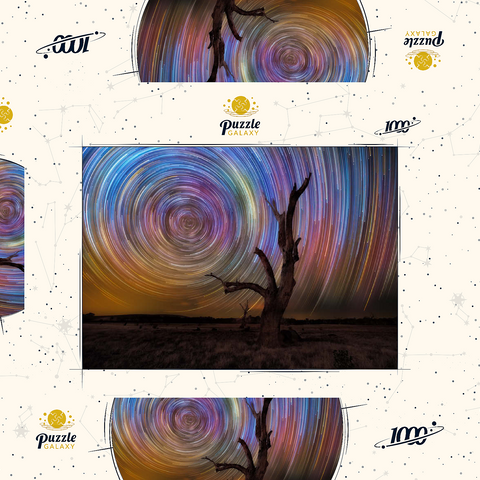 Darstellung des Puzzle Motivs Bunte Sternspuren über einem kahlen Baum – Spirale am Nachthimmel Colorful Star Trails Above Barren Tree – Night Sky Spiral 1000 Puzzle Schachtel 3D Modell