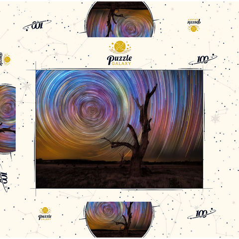 Darstellung des Puzzle Motivs Bunte Sternspuren über einem kahlen Baum – Spirale am Nachthimmel Colorful Star Trails Above Barren Tree – Night Sky Spiral 100 Puzzle Schachtel 3D Modell