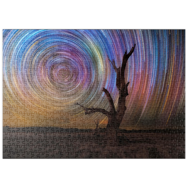 Darstellung des Puzzle Motivs puzzleplate Colorful Star Trails Above Barren Tree – Night Sky Spiral 500 Puzzle