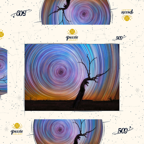 Darstellung des Puzzle Motivs Lebhafte Sternspuren über einem Baum im australischen Outback Vibrant Star Trails Over Australian Outback Tree 500 Puzzle Schachtel 3D Modell
