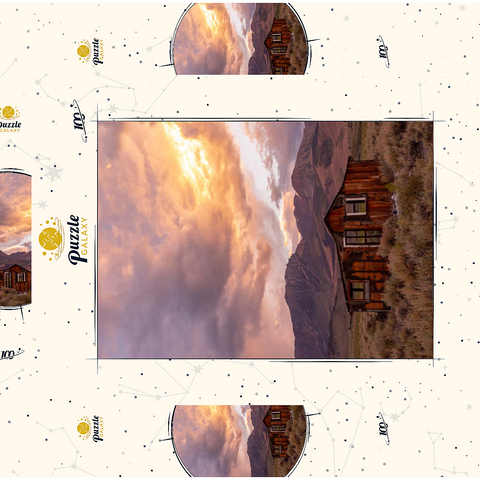 Darstellung des Puzzle Motivs Rustikale Hüttenruine in der östlichen Sierra bei Sonnenuntergang Rustic Cabin Ruin in Eastern Sierra Sunset 100 Puzzle Schachtel 3D Modell