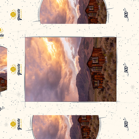 Darstellung des Puzzle Motivs Rustikale Hüttenruine in der östlichen Sierra bei Sonnenuntergang Rustic Cabin Ruin in Eastern Sierra Sunset 500 Puzzle Schachtel 3D Modell