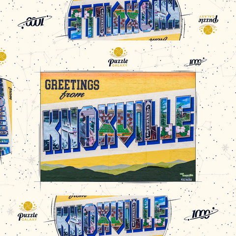 Darstellung des Puzzle Motivs Grüße aus Knoxville, Tennessee Wandbild Greetings from Knoxville Tennessee Mural 1000 Puzzle Schachtel 3D Modell