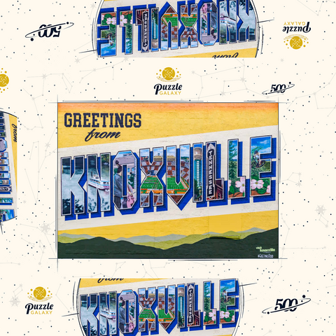 Darstellung des Puzzle Motivs Grüße aus Knoxville, Tennessee Wandbild Greetings from Knoxville Tennessee Mural 500 Puzzle Schachtel 3D Modell