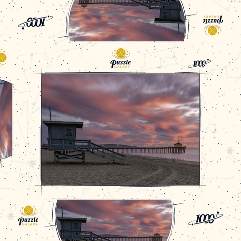 Darstellung des Puzzle Motivs Manhattan Beach Pier mit Rettungsschwimmerturm bei Sonnenuntergang Manhattan Beach Pier with Lifeguard Tower at Sunset 1000 Puzzle Schachtel 3D Modell