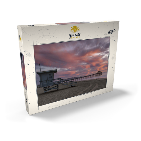 Darstellung des Puzzle Motivs Manhattan Beach Pier mit Rettungsschwimmerturm bei Sonnenuntergang Manhattan Beach Pier with Lifeguard Tower at Sunset 100 Puzzle Schachtel Ansicht2