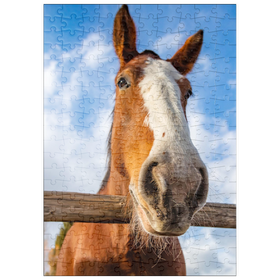 Darstellung des Puzzle Motivs Nahaufnahme eines Clydesdale-Pferdes vor blauem Himmel - Puzzleteile: 200
