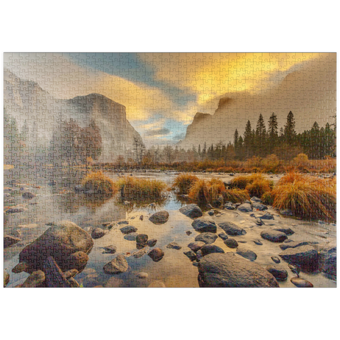 Darstellung des Puzzle Motivs Yosemite Valley bei Sonnenaufgang mit Nebel und Spiegelungen puzzleplate Yosemite Valley at Sunrise with Mist and Reflections 1000 Puzzle