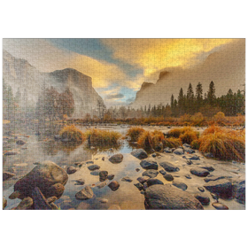 Darstellung des Puzzle Motivs Yosemite Valley bei Sonnenaufgang mit Nebel und Spiegelungen - Puzzleteile: 1000