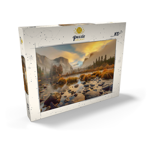 Darstellung des Puzzle Motivs Yosemite Valley bei Sonnenaufgang mit Nebel und Spiegelungen Yosemite Valley at Sunrise with Mist and Reflections 100 Puzzle Schachtel Ansicht2