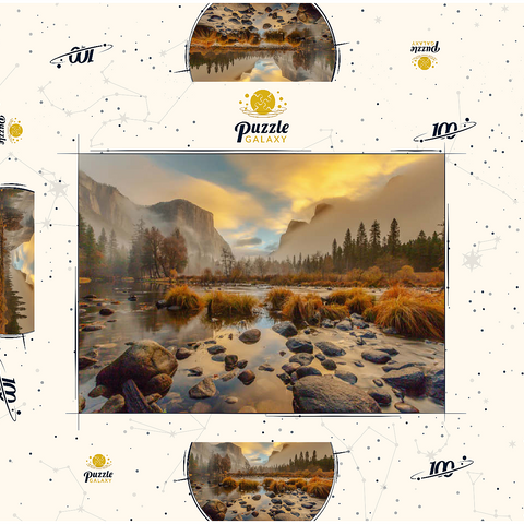 Darstellung des Puzzle Motivs Yosemite Valley bei Sonnenaufgang mit Nebel und Spiegelungen Yosemite Valley at Sunrise with Mist and Reflections 100 Puzzle Schachtel 3D Modell