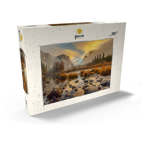 Darstellung des Puzzle Motivs Yosemite Valley bei Sonnenaufgang mit Nebel und Spiegelungen Yosemite Valley at Sunrise with Mist and Reflections 500 Puzzle Schachtel Ansicht2