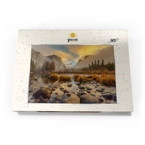 Darstellung des Puzzle Motivs Yosemite Valley bei Sonnenaufgang mit Nebel und Spiegelungen Yosemite Valley at Sunrise with Mist and Reflections 500 Puzzle Schachtel Ansicht3