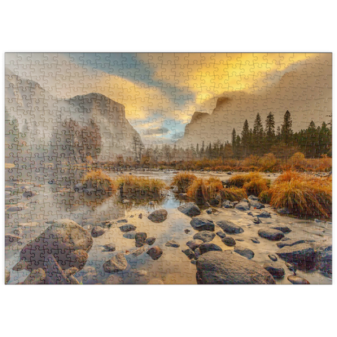 Darstellung des Puzzle Motivs Yosemite Valley bei Sonnenaufgang mit Nebel und Spiegelungen puzzleplate Yosemite Valley at Sunrise with Mist and Reflections 500 Puzzle