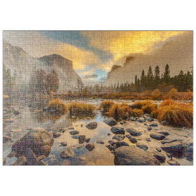 Darstellung des Puzzle Motivs Yosemite Valley bei Sonnenaufgang mit Nebel und Spiegelungen - Puzzleteile: 500