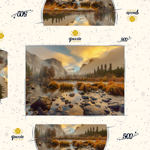 Darstellung des Puzzle Motivs Yosemite Valley bei Sonnenaufgang mit Nebel und Spiegelungen Yosemite Valley at Sunrise with Mist and Reflections 500 Puzzle Schachtel 3D Modell