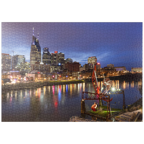 Darstellung des Puzzle-Motivs Nashville Skyline mit Spiegelungen des Cumberland River in der Abenddämmerung – Puzzleteile: 1000