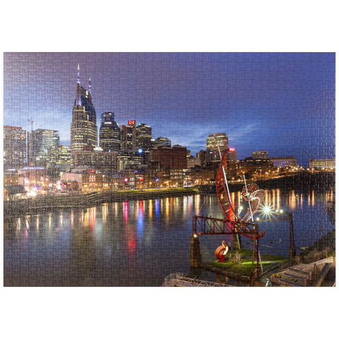 Darstellung des Puzzle Motivs Nashville Skyline mit Spiegelungen des Cumberland River in der Abenddämmerung puzzleplate Nashville Skyline with Cumberland River Reflections at Dusk 1000 Puzzle
