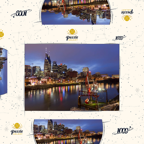 Darstellung des Puzzle Motivs Nashville Skyline mit Spiegelungen des Cumberland River in der Abenddämmerung Nashville Skyline with Cumberland River Reflections at Dusk 1000 Puzzle Schachtel 3D Modell
