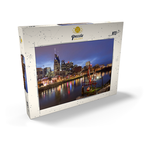 Darstellung des Puzzle Motivs Nashville Skyline mit Spiegelungen des Cumberland River in der Abenddämmerung Nashville Skyline with Cumberland River Reflections at Dusk 100 Puzzle Schachtel Ansicht2