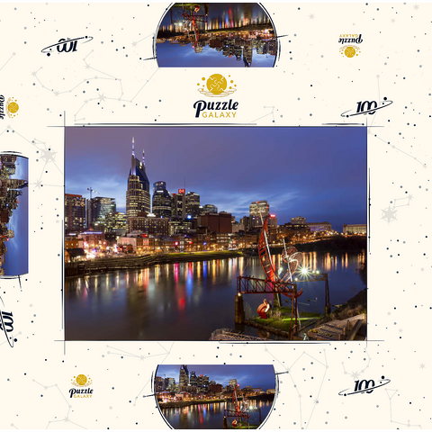 Darstellung des Puzzle Motivs Nashville Skyline mit Spiegelungen des Cumberland River in der Abenddämmerung Nashville Skyline with Cumberland River Reflections at Dusk 100 Puzzle Schachtel 3D Modell