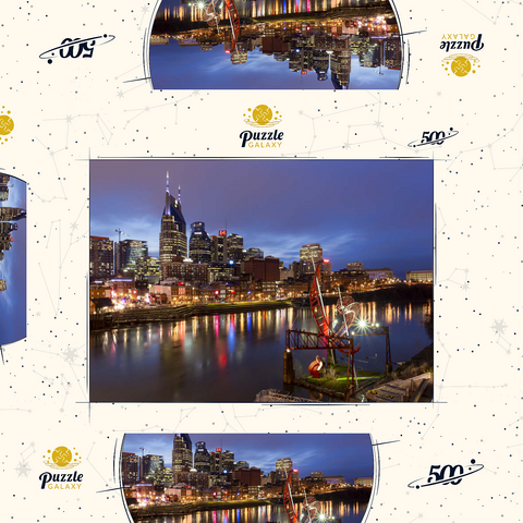 Darstellung des Puzzle Motivs Nashville Skyline mit Spiegelungen des Cumberland River in der Abenddämmerung Nashville Skyline with Cumberland River Reflections at Dusk 500 Puzzle Schachtel 3D Modell