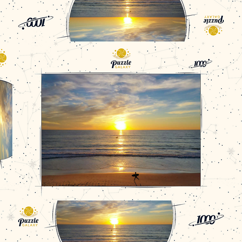 Darstellung des Puzzle Motivs Surfer bei Sonnenuntergang an einem Strand in Kalifornien Surfer at Sunset on California Beach 1000 Puzzle Schachtel 3D Modell
