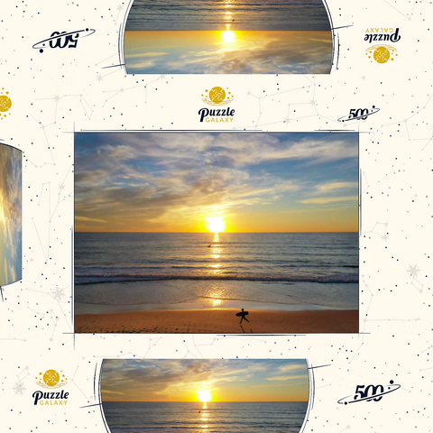 Darstellung des Puzzle Motivs Surfer bei Sonnenuntergang an einem Strand in Kalifornien Surfer at Sunset on California Beach 500 Puzzle Schachtel 3D Modell