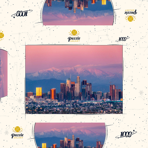 Darstellung des Puzzle Motivs Skyline von Los Angeles bei Sonnenuntergang mit schneebedeckten Bergen Los Angeles Skyline at Sunset with Snowy Mountains 1000 Puzzle Schachtel 3D Modell
