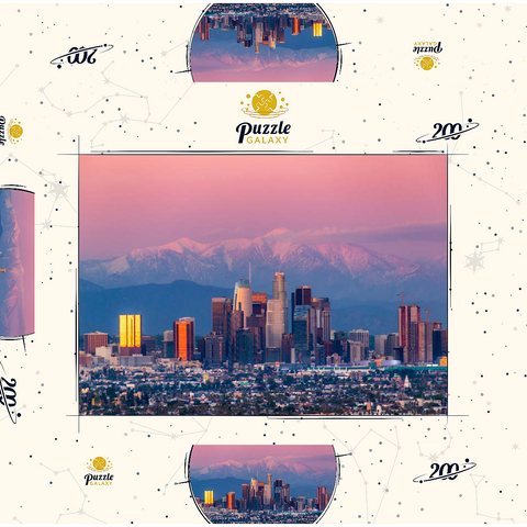 Darstellung des Puzzle Motivs Skyline von Los Angeles bei Sonnenuntergang mit schneebedeckten Bergen Los Angeles Skyline at Sunset with Snowy Mountains 200 Puzzle Schachtel 3D Modell